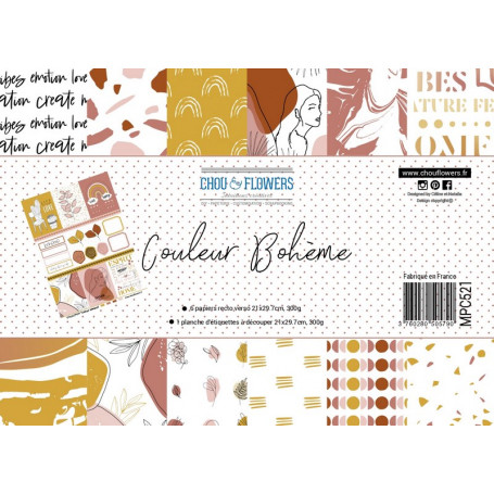 Set de papier A4 de la collection couleur Bohème de Chou and Flowers. 6 feuilles et 1 planche d'étiquettes à découper