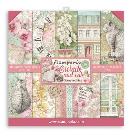 Set de papier 30x30 Orchids and Cats 10 feuilles - Stamperia