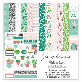 Set de papier 30x30 Jours heureux 6f et 1 planche d'étiquettes - Béatrice Garni illustration