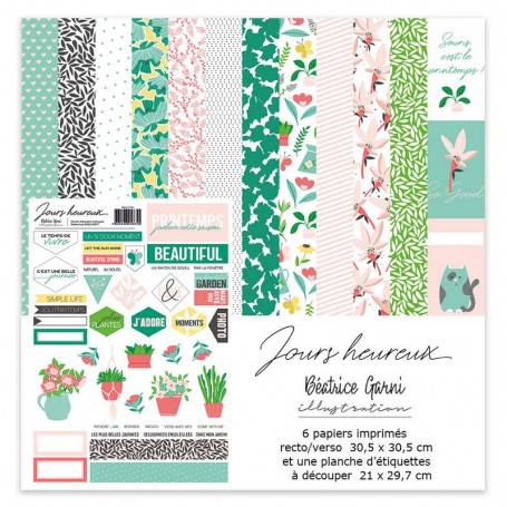 Set de papier 30x30 Jours heureux 6f et 1 planche d'étiquettes - Béatrice Garni illustration