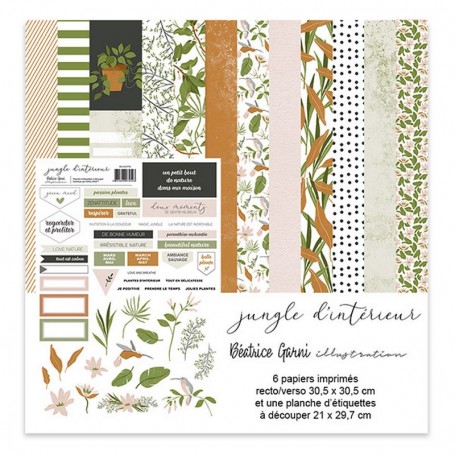 Set de papier 30x30 Jungle d'intérieur 6f et 1 planche à découper - Béatrice Garni illustration