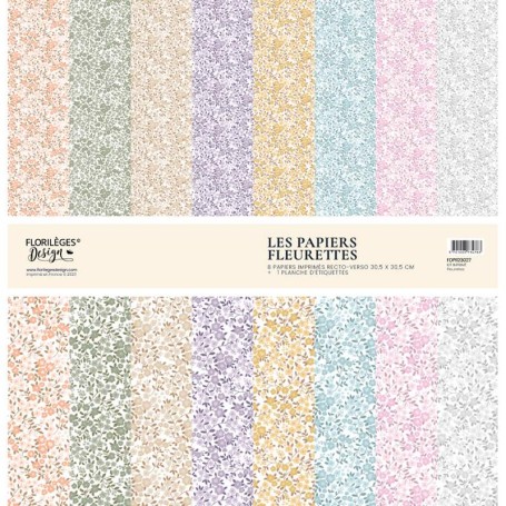 Set de papier 30x30 Fleurettes 8f + 1 planche d'étiquettes - Florilèges Design