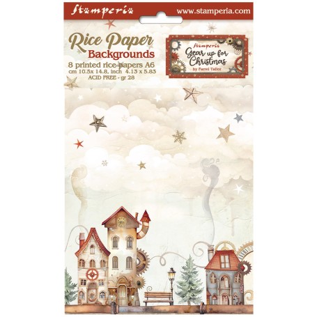 Rice Paper Backgrounds A6 Gear up for Christmas - 8 feuilles - Stamperia