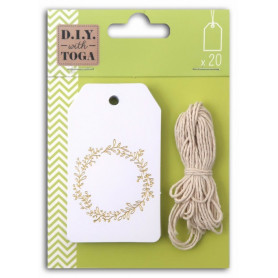 20 tags blanc/doré mat avec ficelle - Toga
